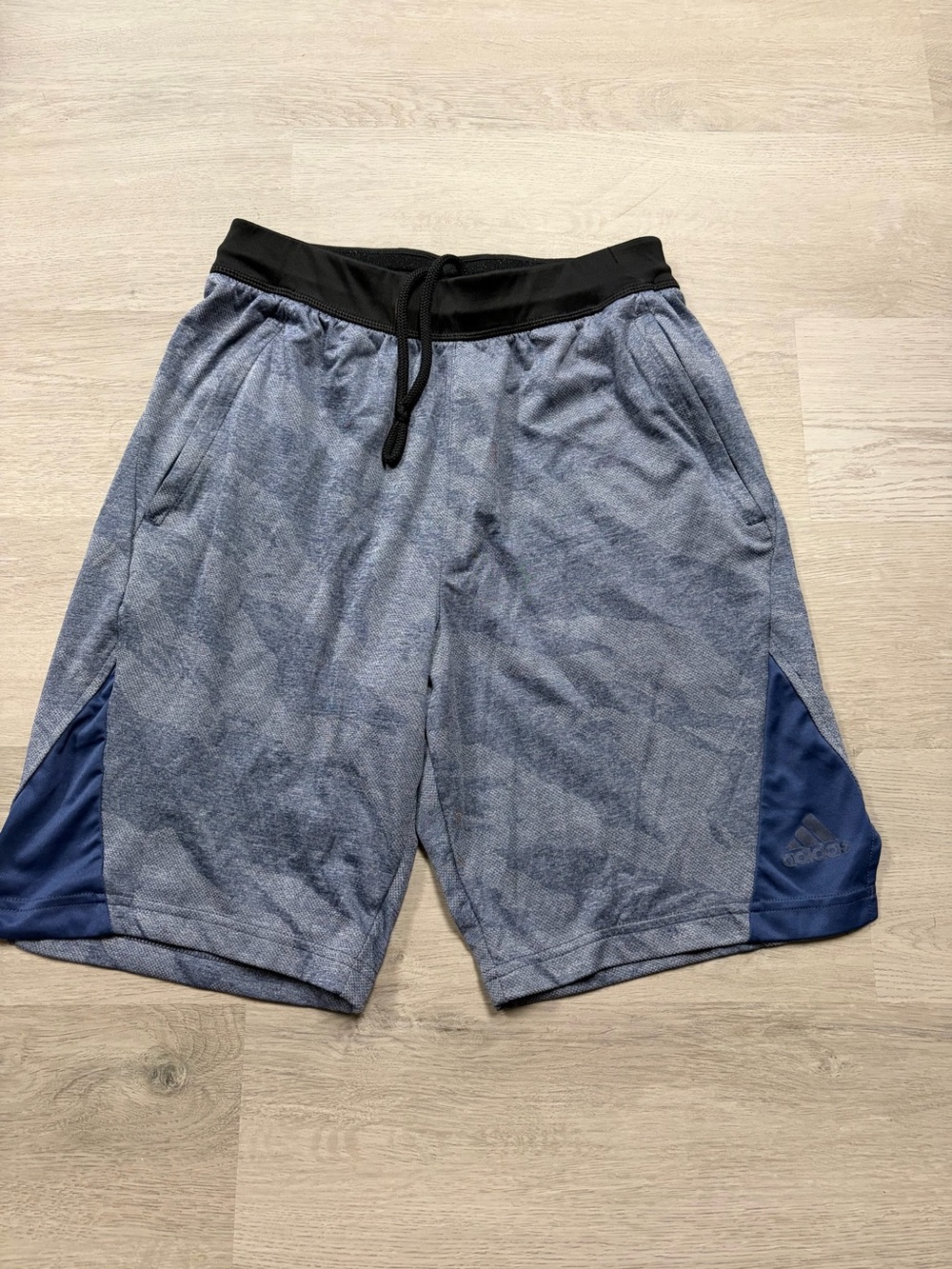 adidas Men's Heather Blue Athletic Shorts with Black Waistband and Navy Panels